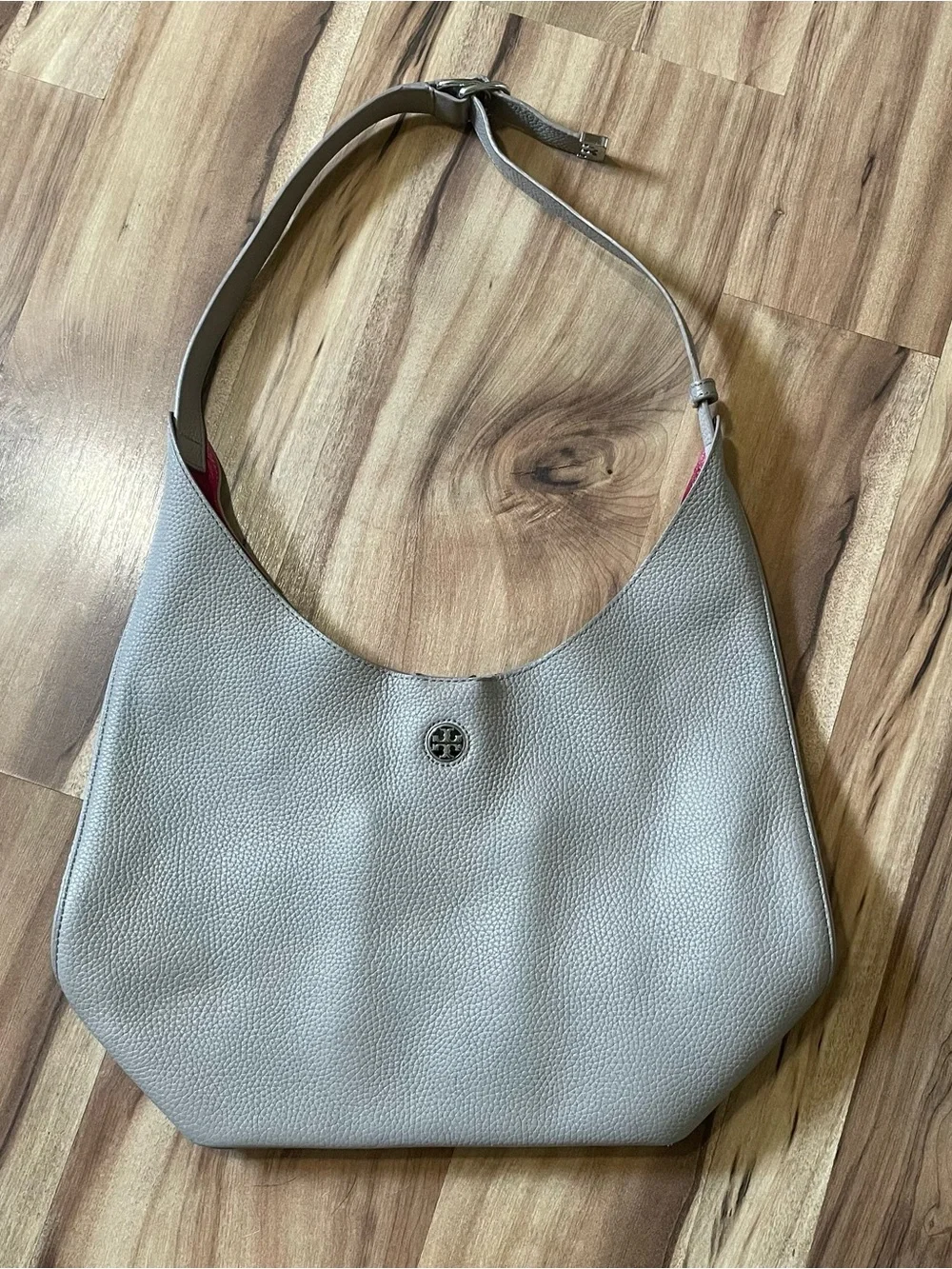 Tory Burch Perry Reversible Hobo Bag French Gray Pink Pebbled Leather